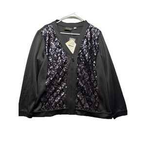 Bob Mackie Wearable Art Sequin Bomber Full Zip Up Jacket Black Women Size L NWT